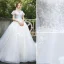 Eleganta Elfenben Bröllopsklänningar 2020 Prinsessa Urringning Beading Spets Blomma Korta ärm Cathedral Train