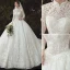 Vintage / Retro Chinese style Modest  Ivory Bridal Wedding Dresses 2020 Ball Gown High Neck Pearl Lace Flower Long Sleeve Backless Cathedral Train