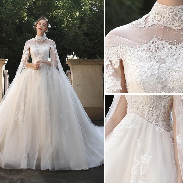 Vintage / Retro Ivory Pregnant Bridal Wedding Dresses 2020 Ball Gown High Neck Beading Appliques Lace Flower Pearl 1/2 Sleeves Backless Watteau Train