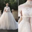 Vintage / Retro Ivory Pregnant Bridal Wedding Dresses 2020 Ball Gown High Neck Beading Appliques Lace Flower Pearl 1/2 Sleeves Backless Watteau Train