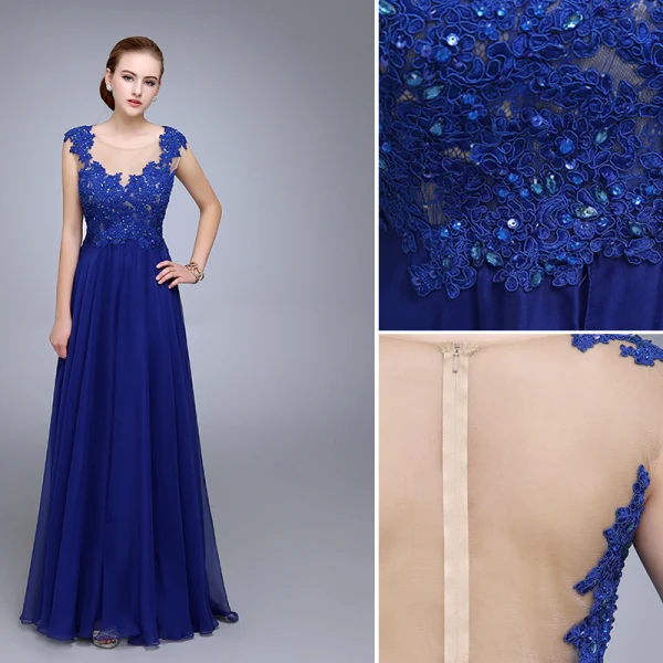 Classy Royal Blue Evening Dresses 2020 A-Line / Princess Scoop Neck Rhinestone Lace Flower Sleeveless Floor-Length / Long Formal Dresses
