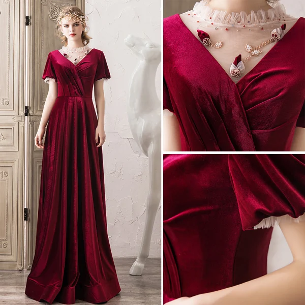 Elegant Burgundy Suede Evening Dresses 2020 A-Line / Princess Scoop Neck Beading Short Sleeve Backless Floor-Length / Long Formal Dresses