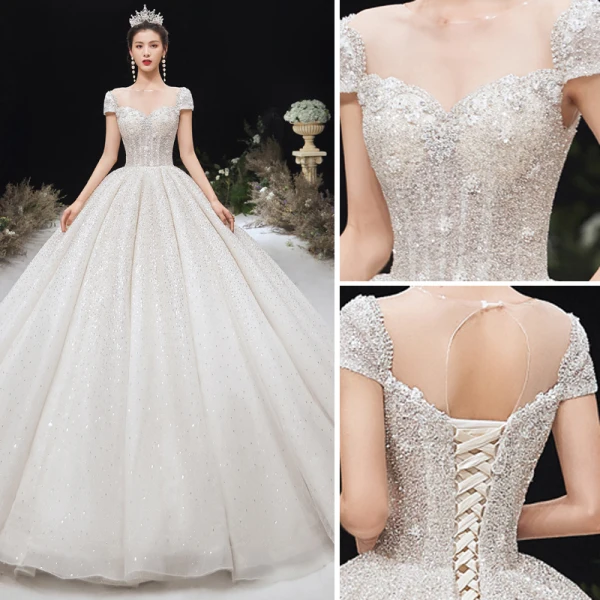 Luxury / Gorgeous Ivory 2020 Wedding Dresses Ball Gown Scoop Neck Beading Lace Pearl Rhinestone Sequins Short Sleeve Backless Court Train