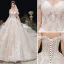 Charming Champagne Wedding Dresses 2020 A-Line / Princess Off-The-Shoulder Lace Flower Sleeveless Backless Cathedral Train