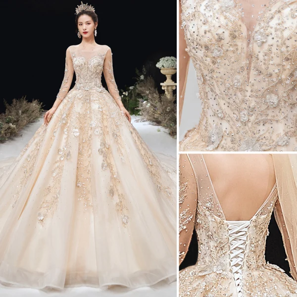 Haut de Gamme Champagne Robe De Mariée 2020 Princesse Encolure Dégagée Perlage Faux Diamant En Dentelle Fleur Manches Longues Dos Nu Cathedral Train