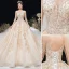 Haut de Gamme Champagne Robe De Mariée 2020 Princesse Encolure Dégagée Perlage Faux Diamant En Dentelle Fleur Manches Longues Dos Nu Cathedral Train