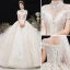 Luxury / Gorgeous Champagne Glitter Wedding Dresses 2020 Ball Gown High Neck Beading Rhinestone Sequins Appliques Short Sleeve Backless Royal Train