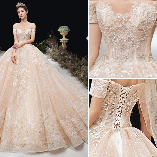 Charming Champagne Wedding Dresses 2020 Ball Gown Off-The-Shoulder Beading Rhinestone Sequins Lace Flower Short Sleeve Backless Cathedral Train