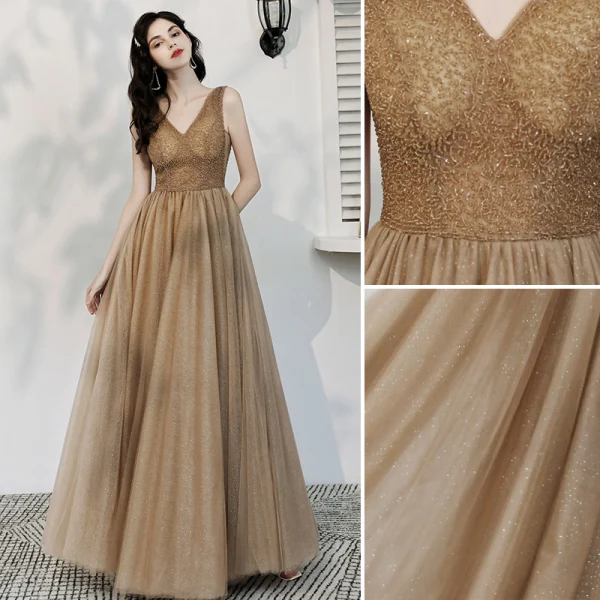 Chic / Beautiful Champagne Glitter Evening Dresses  2020 A-Line / Princess V-Neck Beading Sleeveless Backless Floor-Length / Long Formal Dresses