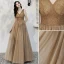 Chic / Beautiful Champagne Glitter Evening Dresses  2020 A-Line / Princess V-Neck Beading Sleeveless Backless Floor-Length / Long Formal Dresses