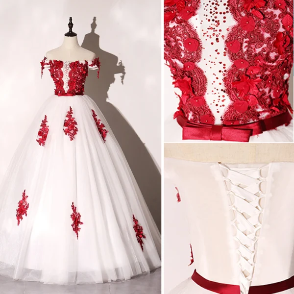 Élégant Ivoire Robe De Bal 2020 Robe Boule De l'épaule Rouge Appliques En Dentelle Fleur Noeud Faux Diamant Sans Manches Dos Nu Longue Robe De Ceremonie
