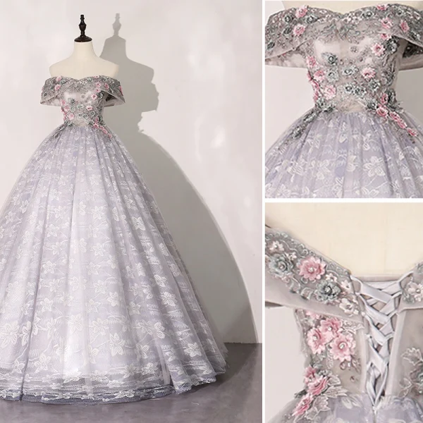 Elegant Flower Fairy Silver Grey Prom Dresses 2020 Ball Gown Off-The-Shoulder Rhinestone Lace Flower Short Sleeve Backless Floor-Length / Long Formal Dresses
