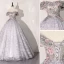 Elegant Flower Fairy Silver Grey Prom Dresses 2020 Ball Gown Off-The-Shoulder Rhinestone Lace Flower Short Sleeve Backless Floor-Length / Long Formal Dresses
