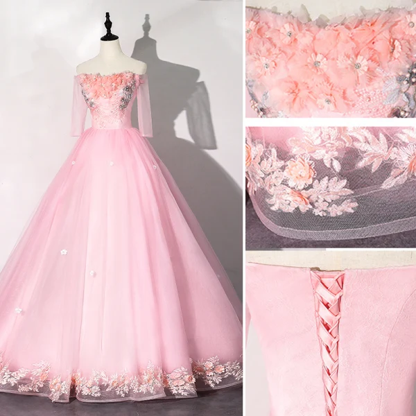 Flower Fairy Candy Pink Prom Dresses 2020 Ball Gown Off-The-Shoulder Pearl Rhinestone Appliques Lace Flower 1/2 Sleeves Backless Floor-Length / Long Formal Dresses