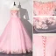 Flower Fairy Candy Pink Prom Dresses 2020 Ball Gown Off-The-Shoulder Pearl Rhinestone Appliques Lace Flower 1/2 Sleeves Backless Floor-Length / Long Formal Dresses