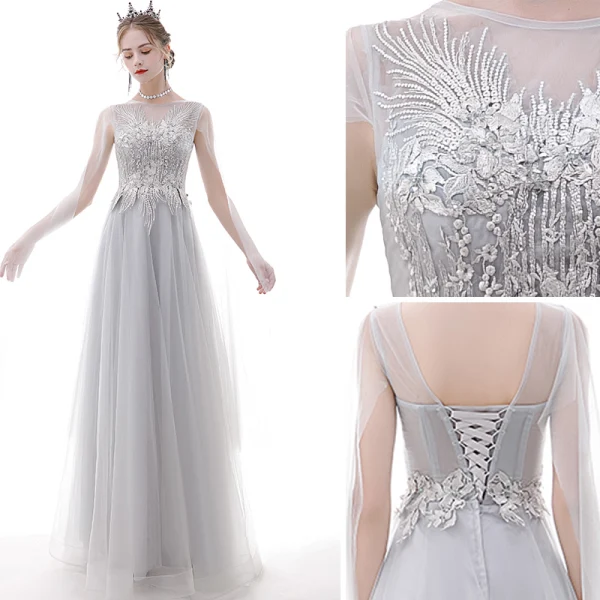 Classy Grey Prom Dresses 2020 A-Line / Princess Scoop Neck Pearl Rhinestone Sequins Lace Flower Short Sleeve Backless Floor-Length / Long Formal Dresses