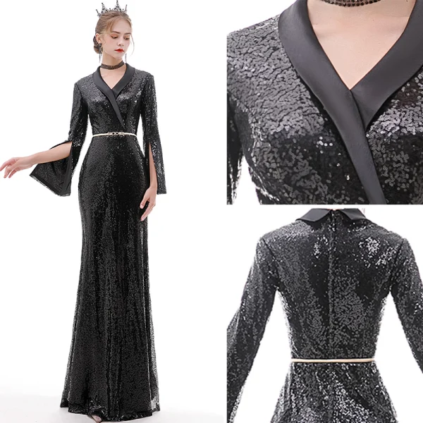 Scintillantes Noire Robe De Soirée 2020 Trompette / Sirène V-Cou Ceinture Paillettes Manches Longues Longue Robe De Ceremonie