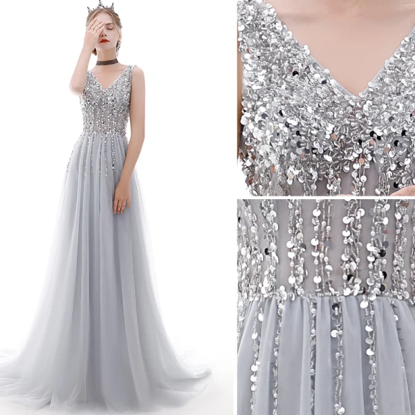 Charmant Argenté Robe De Soirée 2020 Princesse V-Cou Perlage Paillettes Sans Manches Dos Nu Train De Balayage Robe De Ceremonie