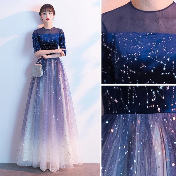 Fashion Sparkly Royal Blue Evening Dresses 2020 A-Line / Princess Scoop Neck Suede Lace Star Sequins 1/2 Sleeves Floor-Length / Long Formal Dresses
