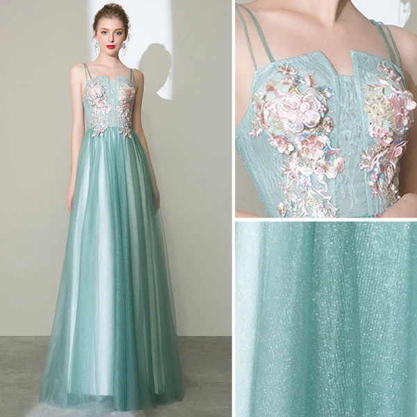 Charming Mint Green Prom Dresses 2020 A-Line / Princess Spaghetti Straps Pearl Rhinestone Lace Flower Sleeveless Backless Floor-Length / Long Formal Dresses