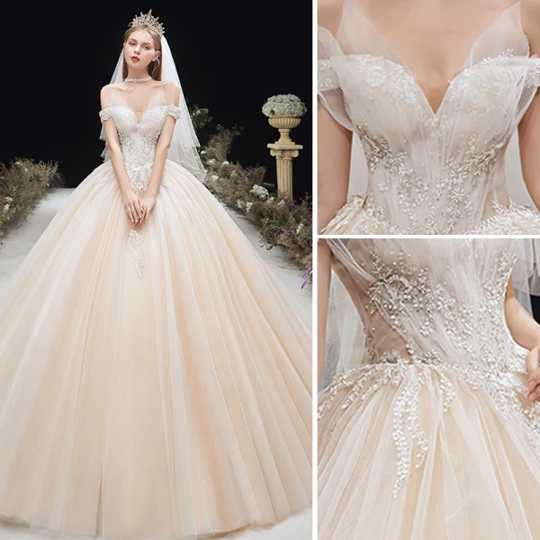 Charming Champagne Wedding Dresses 2020 Ball Gown Off-The-Shoulder Beading Lace Flower Sleeveless Backless Chapel Train