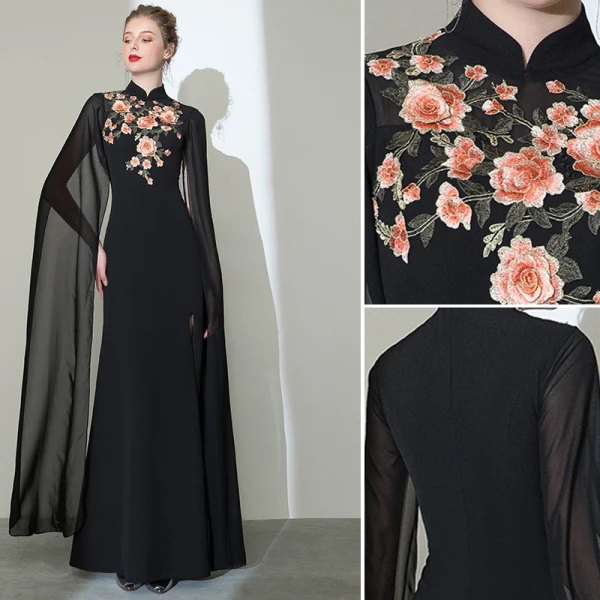Style Chinois Noire Robe De Soirée 2020 Trompette / Sirène Col Haut Appliques En Dentelle Manches Courtes Fendue devant Longue Robe De Ceremonie