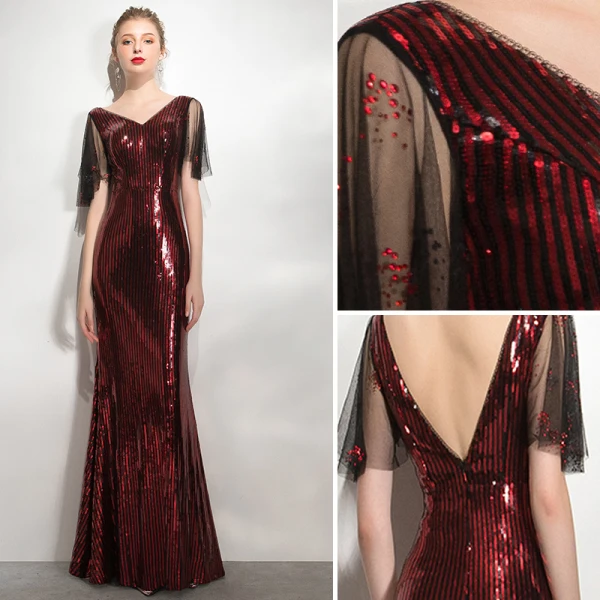 Scintillantes Bordeaux Paillettes Robe De Soirée 2020 Trompette / Sirène V-Cou Manches Courtes Dos Nu Longue Robe De Ceremonie