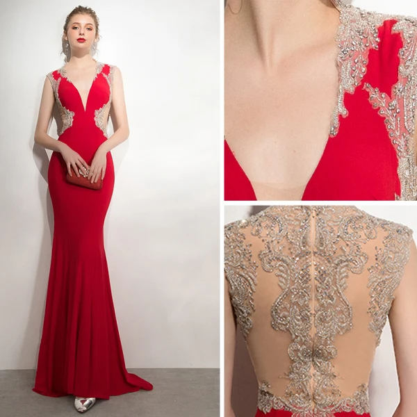Sexy Rouge Robe De Soirée 2020 Trompette / Sirène Encolure Dégagée Perlage Faux Diamant En Dentelle Fleur Sans Manches Dos Nu Train De Balayage Robe De Ceremonie