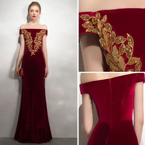 Charming Burgundy Evening Dresses 2020 Trumpet / Mermaid Suede Off-The-Shoulder Gold Lace Flower Beading Sequins Sleeveless Backless Floor-Length / Long