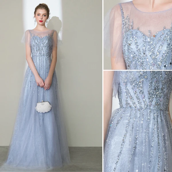 High-end Silver Handmade Evening Dresses 2020 A-Line / Princess Scoop Neck Beading Rhinestone Sequins Short Sleeve Floor-Length / Long Formal Dresses