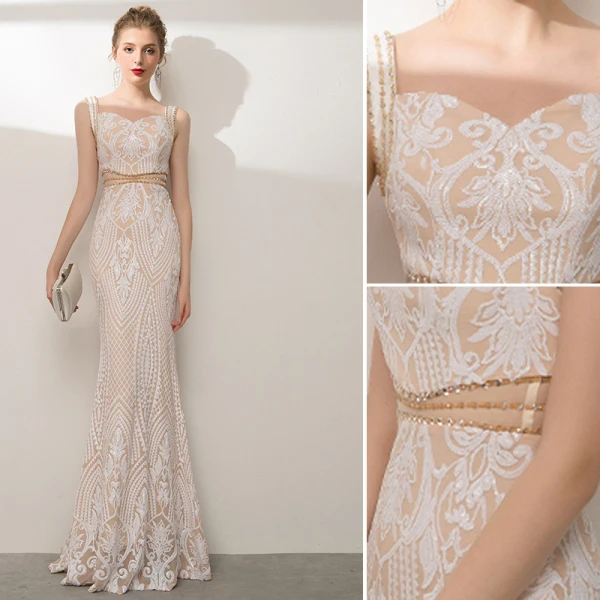 Charmant Scintillantes Champagne Robe De Soirée 2020 Trompette / Sirène Encolure Carrée Perlage Paillettes Faux Diamant Dos Nu Sans Manches Longue Robe De Ceremonie