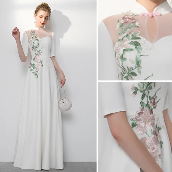Style Chinois Ivoire Robe De Soirée 2020 Princesse Col Haut Brodé 1/2 Manches Longue Robe De Ceremonie