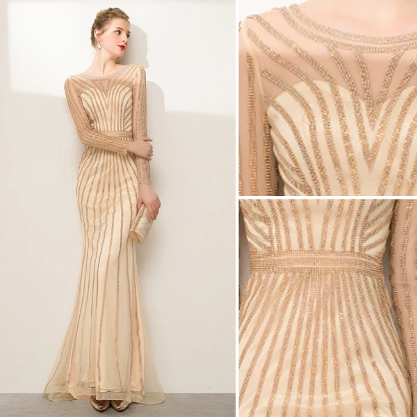 High-end Champagne Rhinestone Evening Dresses  2020 Trumpet / Mermaid Scoop Neck Long Sleeve Floor-Length / Long Formal Dresses