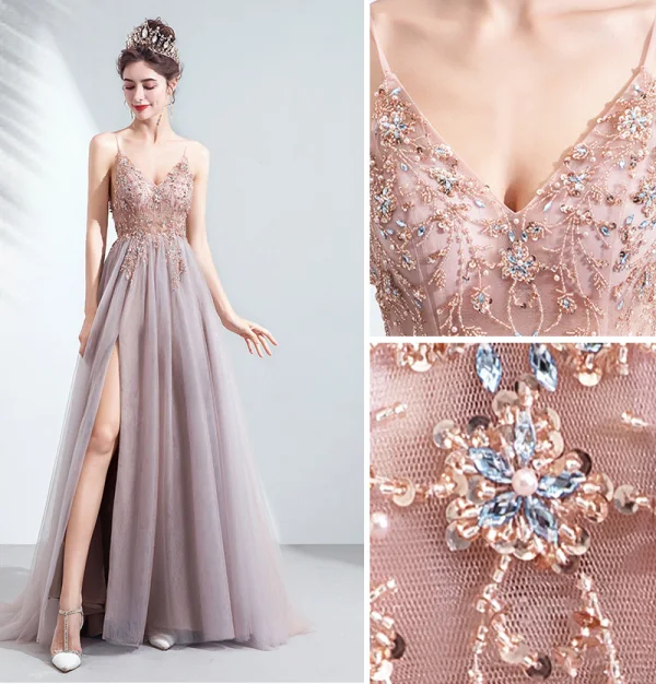 Charmant Rosa Ballkleider Abendkleider 2020 A Linie Spaghettiträger Perlenstickerei Strass Pailletten Ärmellos Rückenfreies Gespaltete Front Lange Festliche Kleider