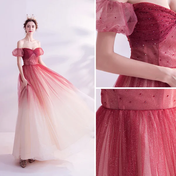 Charmant Bordeaux Dégradé De Couleur Glitter Robe De Bal 2020 Princesse De l'épaule Cristal Paillettes Manches Courtes Dos Nu Longue Robe De Ceremonie