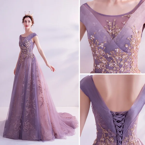 Fashion Purple Glitter Prom Dresses 2020 A-Line / Princess Scoop Neck Sequins Pearl Rhinestone Lace Flower Sleeveless Backless Sweep Train