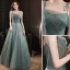 Charming Sage Green Glitter Prom Dresses 2021 A-Line / Princess Spaghetti Straps Rhinestone Sleeveless Backless Tea-length Evening Party Formal Dresses