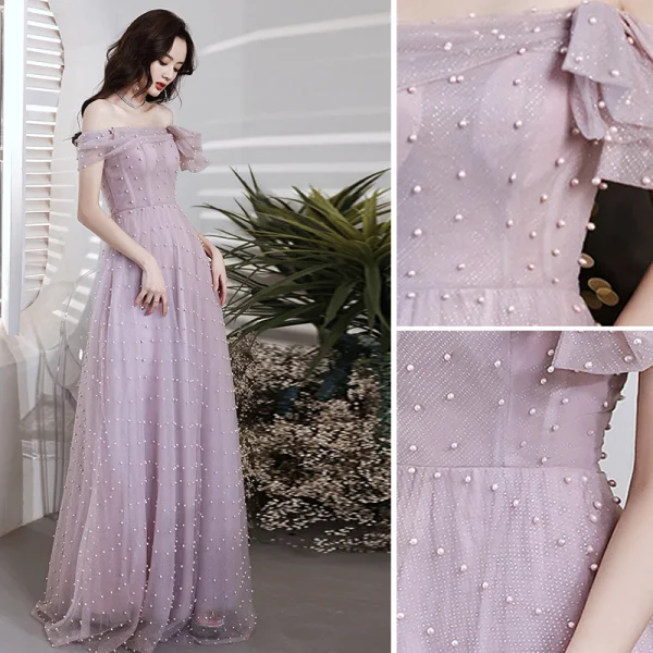 Modest / Simple Sky Blue Bridesmaid Dresses 2018 A-Line / Princess Shoulders Backless Short Sleeve Floor-Length / Long Wedding Party Dresses