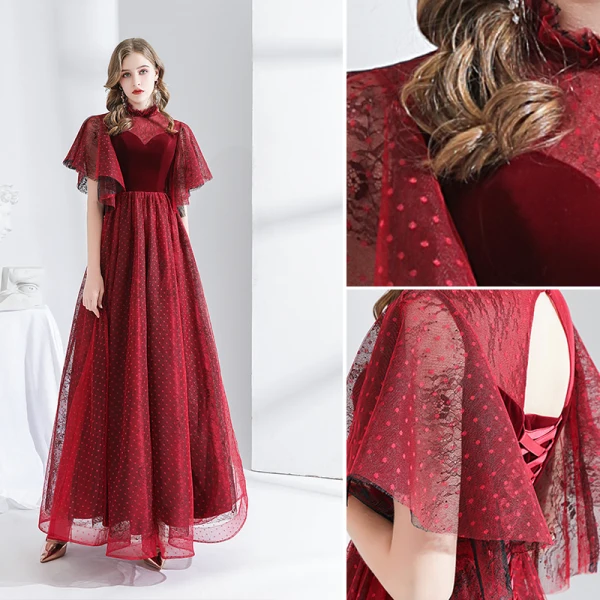 Elegant Burgundy Evening Dresses  2020 A-Line / Princess Suede High Neck Spotted Short Sleeve Backless Floor-Length / Long Formal Dresses