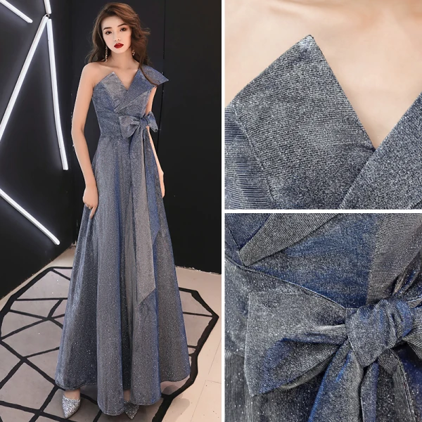 Glitzernden Marineblau Glanz Abendkleider 2020 A Linie One-Shoulder Schleife Ärmellos Rückenfreies Lange Festliche Kleider