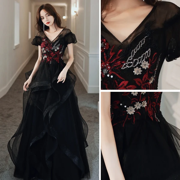 Fashion Black Evening Dresses  2020 A-Line / Princess V-Neck Rhinestone Sequins Lace Flower Short Sleeve Backless Cascading Ruffles Floor-Length / Long Formal Dresses