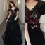 Fashion Black Evening Dresses  2020 A-Line / Princess V-Neck Rhinestone Sequins Lace Flower Short Sleeve Backless Cascading Ruffles Floor-Length / Long Formal Dresses