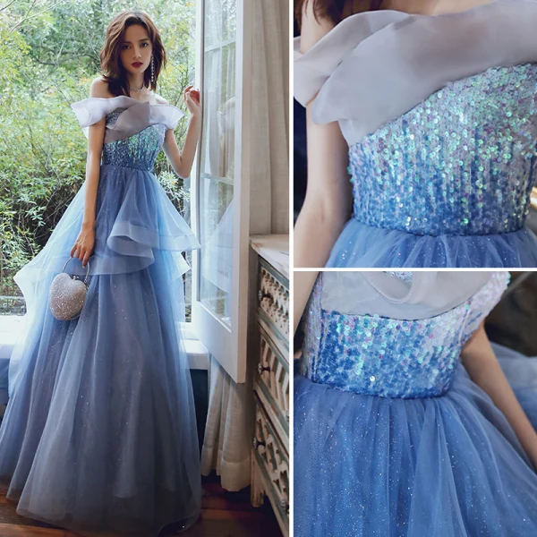 Chic / Beautiful Pool Blue Glitter Evening Dresses  2020 A-Line / Princess Off-The-Shoulder Sequins Sleeveless Backless Cascading Ruffles Floor-Length / Long Formal Dresses