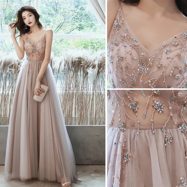 Mode Nues Robe De Bal 2020 Princesse Bretelles Spaghetti Perlage Faux Diamant Paillettes Sans Manches Dos Nu Fendue devant Longue Robe De Ceremonie