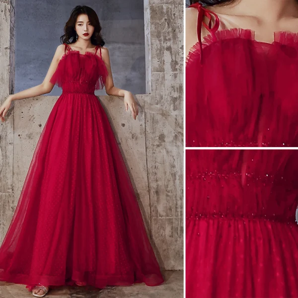 Chic / Beautiful Burgundy Evening Dresses 2020 A-Line / Princess Spaghetti Straps Beading Crystal Sleeveless Backless Floor-Length / Long Formal Dresses
