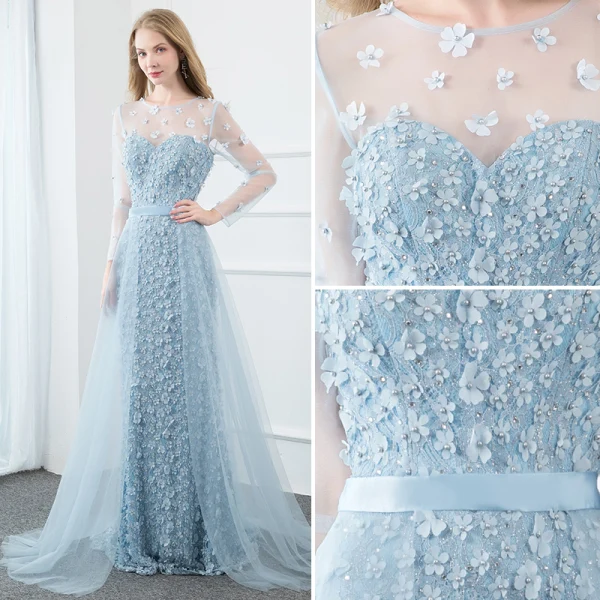 Fabuleux Bleu Ciel Robe De Soirée 2020 Trompette / Sirène Encolure Dégagée Perle Faux Diamant En Dentelle Fleur Appliques Manches Longues Longue Robe De Ceremonie