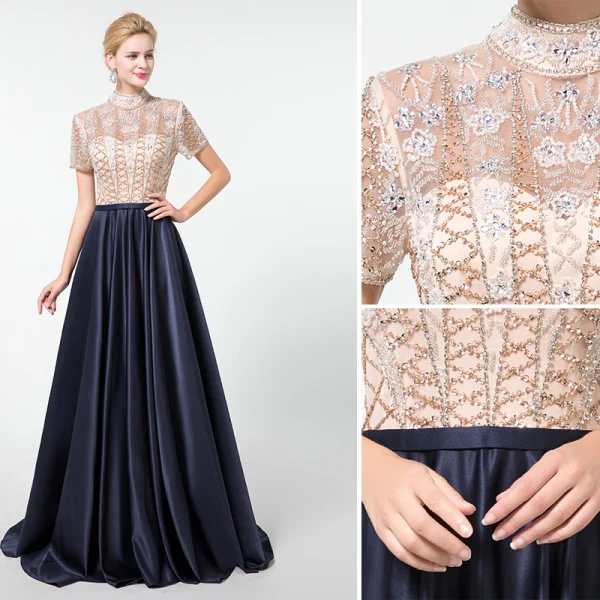 Vintage / Originale Bleu Marine Fait main Perlage Robe De Soirée 2020 Princesse Col Haut Faux Diamant Cristal Paillettes Manches Courtes Longue Robe De Ceremonie