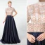 Vintage / Originale Bleu Marine Fait main Perlage Robe De Soirée 2020 Princesse Col Haut Faux Diamant Cristal Paillettes Manches Courtes Longue Robe De Ceremonie