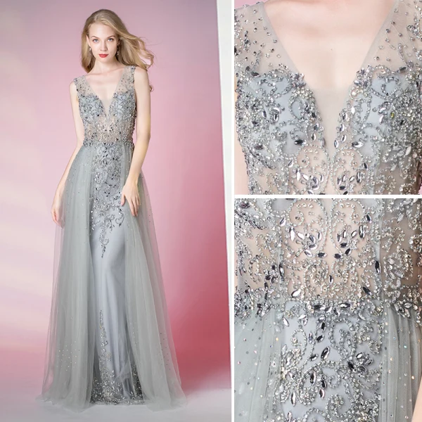 Charmant Gris Robe De Soirée 2020 Trompette / Sirène Col v profond Perlage Cristal Faux Diamant Paillettes Sans Manches Dos Nu Longue Robe De Ceremonie