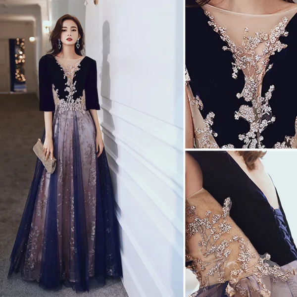 Chic / Beautiful Grey Bridesmaid Dresses 2018 A-Line / Princess Sash Glitter Scoop Neck Backless Short Sleeve Floor-Length / Long Wedding Party Dresses